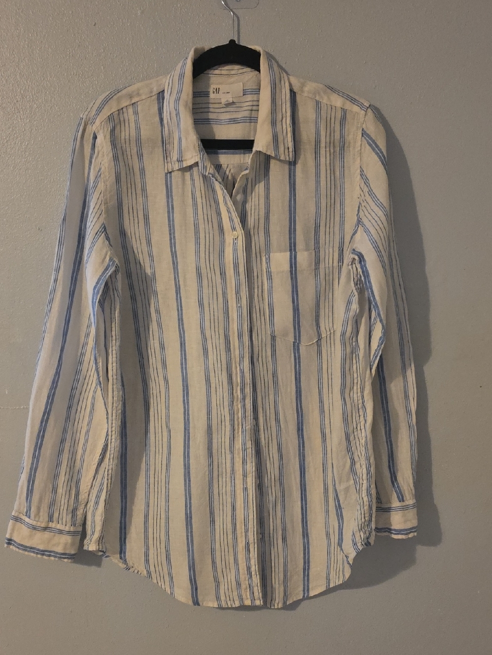 Gap White Shirt with Light Blue Vertical Stripes Linen Blouse Medium Tall